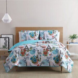 Blue Eiffel Reversible 3 Piece Full/Queen Microfiber Quilt Set